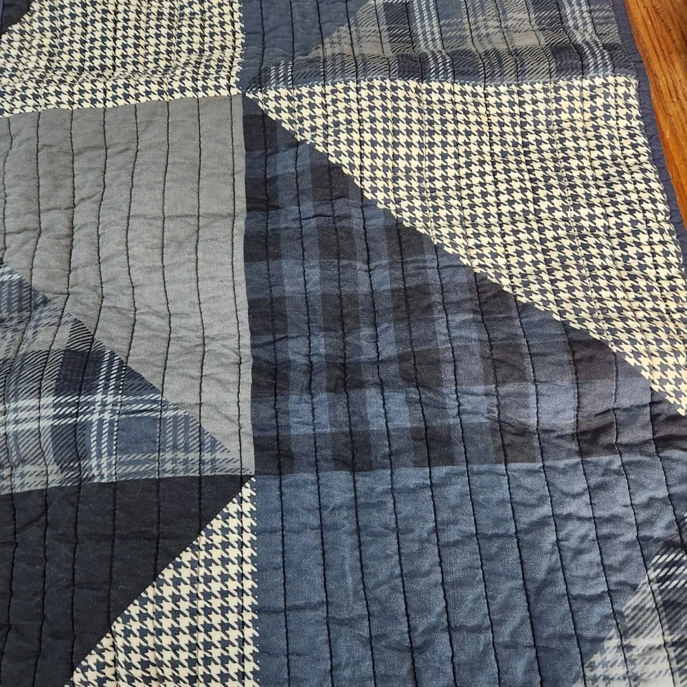 Set Two Blue Plaid Standard Pillow Shams 100% Cotton Quilted Patchwork Farmhouse